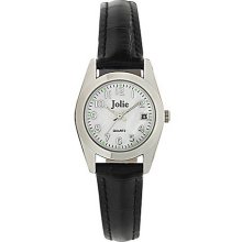 Ladies' Silvertone & Black Leather Watch