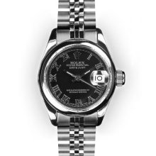 Ladies Stainless Steel Black Roman Dial Smooth Bezel Rolex Datejust