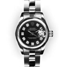 Ladies Stainless Steel Oyster Black Dial Smooth Bezel Rolex Datejust