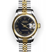 Ladies Two Tone Black Roman Dial Smooth Bezel Rolex Datejust (985)