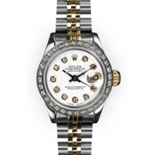 Ladies Two Tone White Dial White Gold Beadset Bezel Rolex Datejust