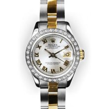 Ladies TwoTone Oyster Silver Dial White Gold Beadset Rolex Datejust