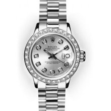 Ladies White Gold Beadset Bezel Rolex President (416)