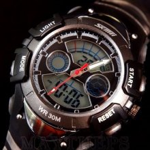 Lcd Dual Time Mens Sport Date Day Stopwatch Analog Digital Quartz Wrist Watch