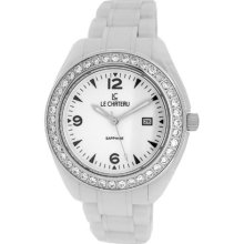 Le Chateau Unisex All White Ceramic Watch with Zirconia Studded Bezel (white)