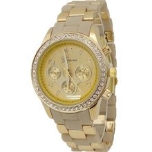 Limited Edition Beige & Gold Watch w/ Chronograph Look & Crystals on Bezel