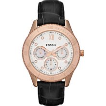 Men Fossil ES3102 Rose Gold Tone Stainless Steel Case Leather Strap