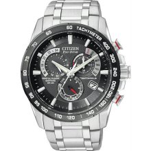 Men's Atomic Stainless Steel Black Dial Eco-Drive Chronograph Perpetua