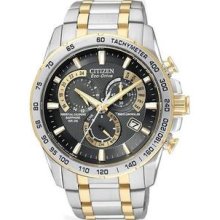 Men's Atomic Two Tone Stainless Steel Black Dial Eco-Drive