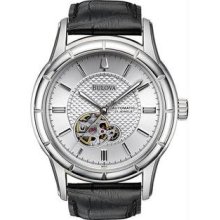 Men's Automatic Silver Tone Dial Skeleton Display Black Leather