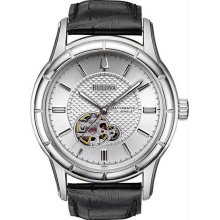 Men's Automatic Silver Tone Dial Skeleton Display Black Leather Strap