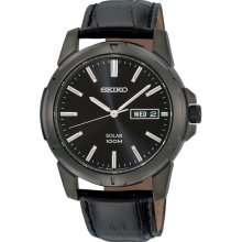 Men's black leather stainless steel solar power watch sne097