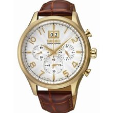 Men's Chronograph Gold Tone Stainless Steel Case Leather Bracelet Silv