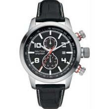 Men's Chronograph Stainless Steel Case Leather Bracelet Black Dial