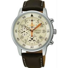 Men's Chronograph Stainless Steel Case Leather Bracelet Cream Tone