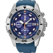 Men's Chronograph Stainless Steel Case Rubber Bracelet Blue Tone