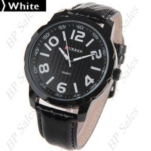 mens curren stainless steel chrome watch w/black & white face leather band - White - 3 - Stainless Steel