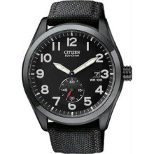 Men's Eco-Drive Black Nylon Strap Black Dial Stop