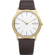 Men's Gold Tone Stainless Steel Quartz Silver Tone Dial Leather