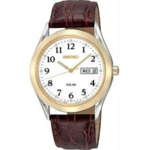 Men's Gold Tone Stainless Steel Solar Quartz White Dial Leather