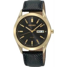 Men's Gold Tone Stainless Steel Solar Quartz Black Dial Leather Strap