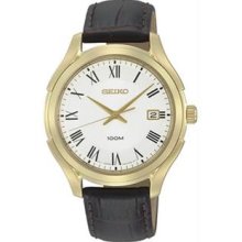 Men's Gold Tone Stainless Steel Case White Dial Quartz Brown Leather