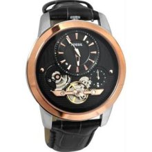 Men's Grant Stainless Steel Case Leather Bracelet Black Skeleton Dial