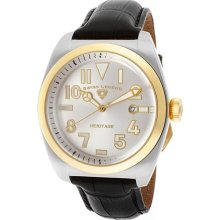 Men's Heritage Silver Dial Gold Tone IP Bezel Black Genuine Leath ...