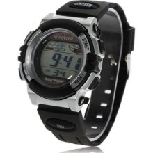 mens Hi Power black & silverton digital solar powered watch w/alarm rubber band