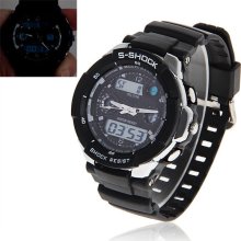 mens new Alike black & chrome digital/analog watch silicone band w/backlight