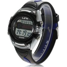 mens new LSH 116 black blue & silver digital watch silicone band alarm date