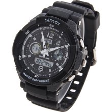 mens new Simax black & gray digital/analog watch silicone PU band alarm WR 50M