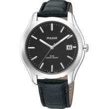 Mens Pulsar Leather Black Dial Date 5ATM Casual Watch PXH735