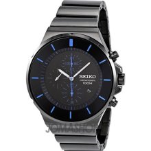 Mens Seiko Chronograph Quartz Sndd59 Black Dial Black Steel Band Watch