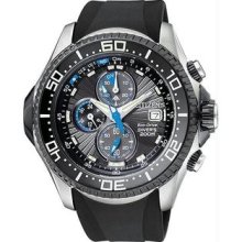 Men's Stainless Steel Aqualand Chronograph Black Rubber Strap Blue