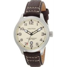 Men's Stainless Steel Case Cream Dial Leather Bracelet Date