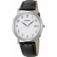 Men's Stainless Steel Case Leather Bracelet White Dial Date