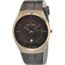 Men's Stainless Steel Case Leather Bracelet Brown Dial Date
