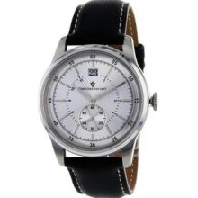 Men's Stainless Steel Case Leather Bracelet Silver Dial Date