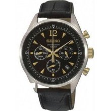 Men's Stainless Steel Case Leather Strap Chronograph Black Dial Date D