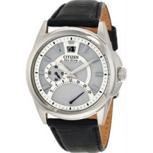 Men's Stainless Steel Eco Drive Dress Silver Tone Dial GMT Leather
