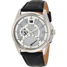 Men's Stainless Steel Eco Drive Dress Silver Tone Dial GMT Leather Strap