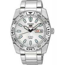 Men's Stainless Steel Seiko 5 Sports Automatic White Dial Day