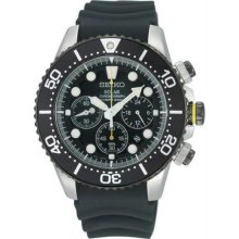 Men's Stainless Steel Solar Quartz Chronograph Black Dial Black Rubber Strap