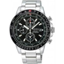 Men's Stainless Steel Solar Flight Quartz Alarm Chronograph Black