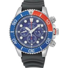 Men's Stainless Steel Solar Quartz Chronograph Blue Dial Black Rubber Strap