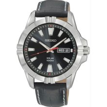 Men's Stainless Steel Solar Quartz Black Dial Black Leather Strap