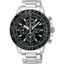 Men's Stainless Steel Solar Flight Quartz Alarm Chronograph Black Dial