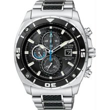 Men's Stainless Steel Two Tone Eco-Drive Chronograph Carbon Fiber Dial