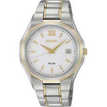 Men's Two Tone Stainless Steel Quartz Solar White Dial Date Display